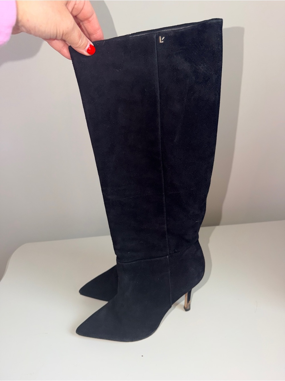 Larroude/Size 8.5 Kate Black Suede Knee-High Pointed-Toe Stiletto Boots - Picture 6 of 8